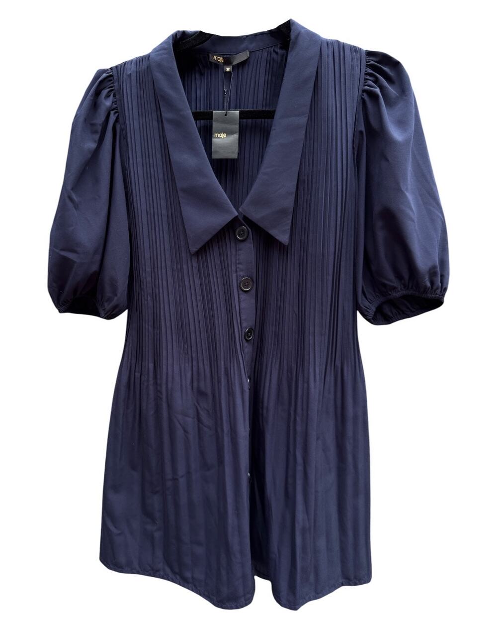 Maje Rockina Navy Pintuck Puff Sleeve Mini Dress Parisian Chic - 4